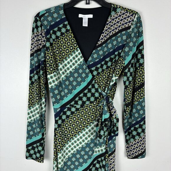 London Times Boho Midi Wrap Dress Sz 8 Long Sleeve Geo Print Hippie 70s Fall - Picture 2 of 7